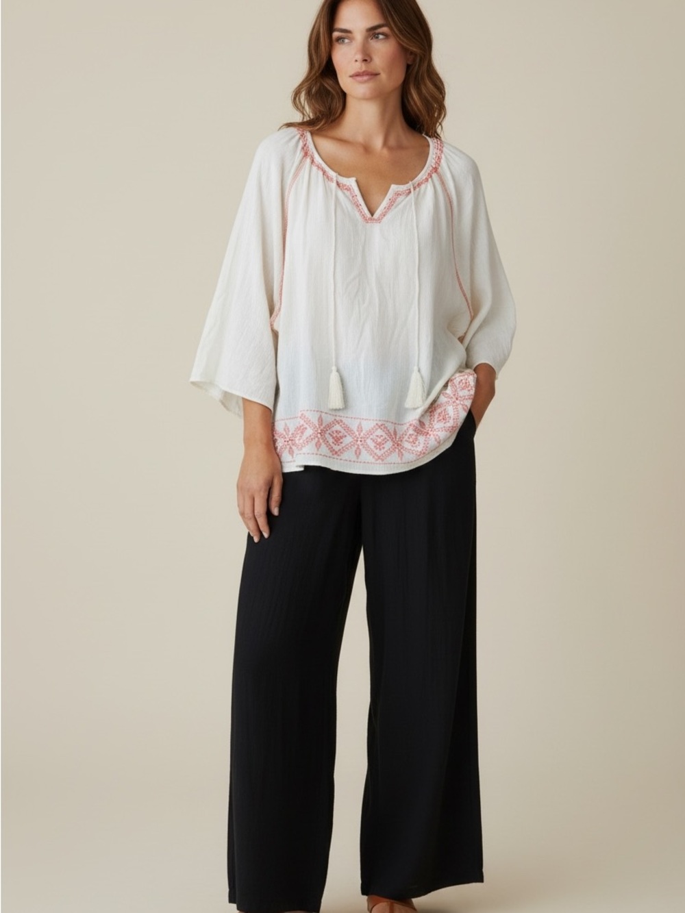 Catherines Beige Peasant Tunic with Orange Embroidery Boho‎